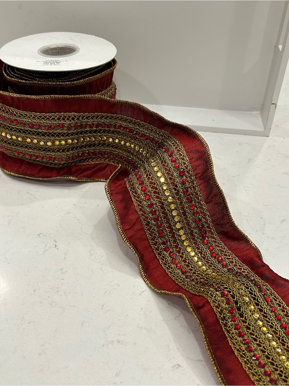 Designer Decorative Red and Gold Embellished Ribbon Trim - Home Accents